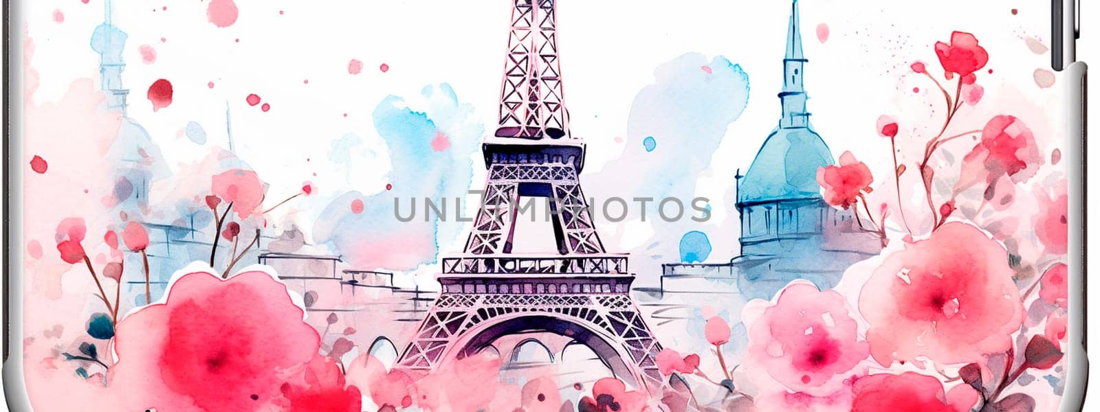 Watercolor drawing of the Eiffel Tower with flowers. Generative AI, White.