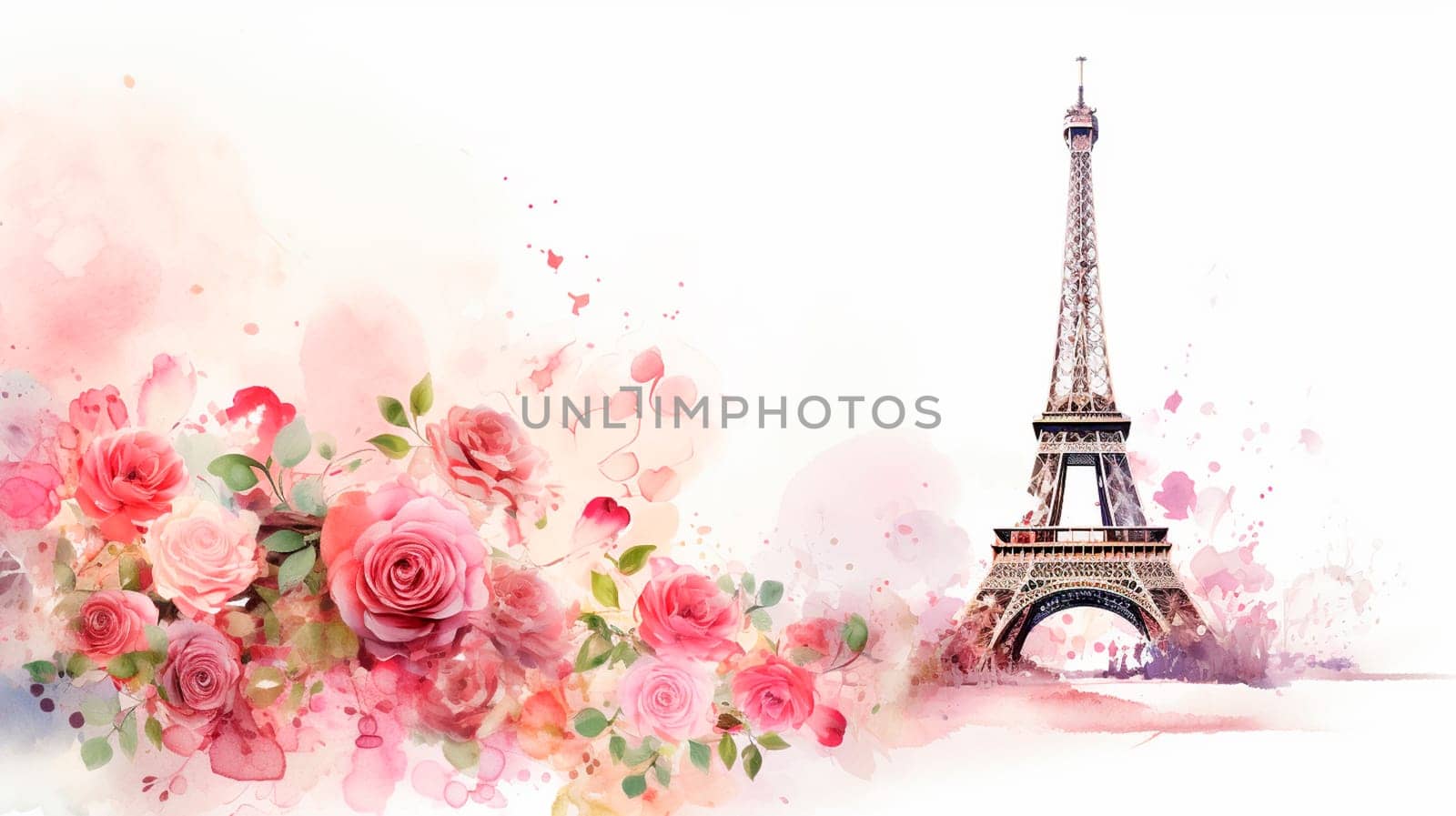 Watercolor drawing of the Eiffel Tower with flowers. Generative AI, White.