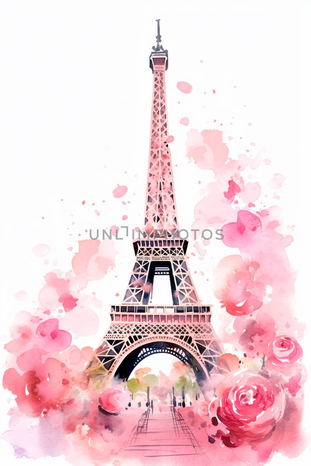 Watercolor drawing of the Eiffel Tower with flowers. Generative AI, by yanadjana