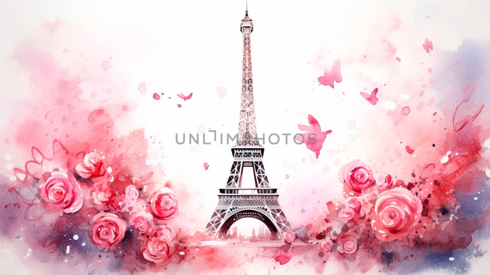 Watercolor drawing of the Eiffel Tower with flowers. Generative AI, White.