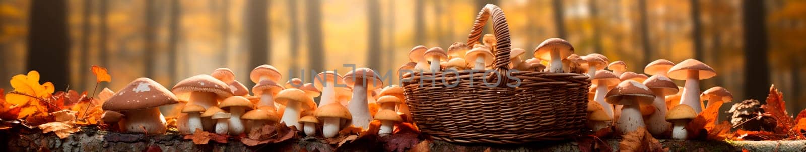 Basket with mushrooms in the forest. Generative AI, Nature.