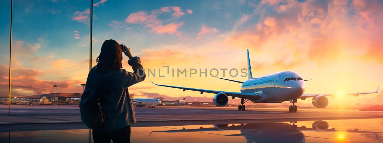 Woman on the background of an airplane at the airport. Generative AI, by yanadjana