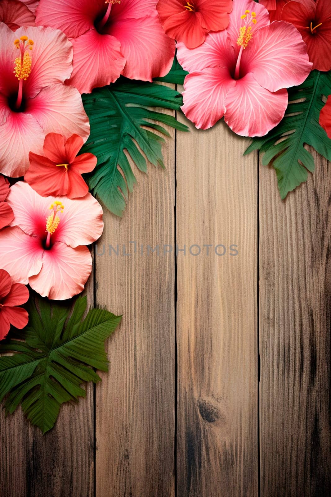 Hibiscus flowers on a wooden background. Generative AI, Nature.