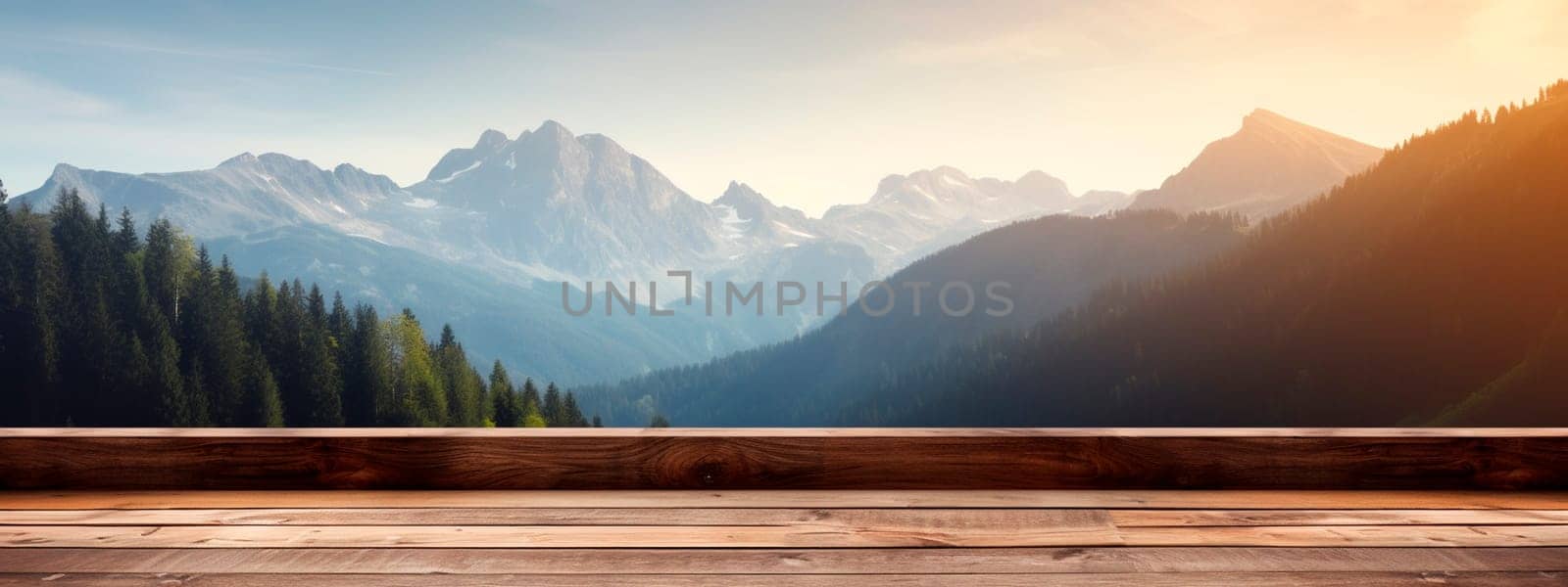 Wooden table background with mountains and wildlife landscape. Generative AI, by yanadjana