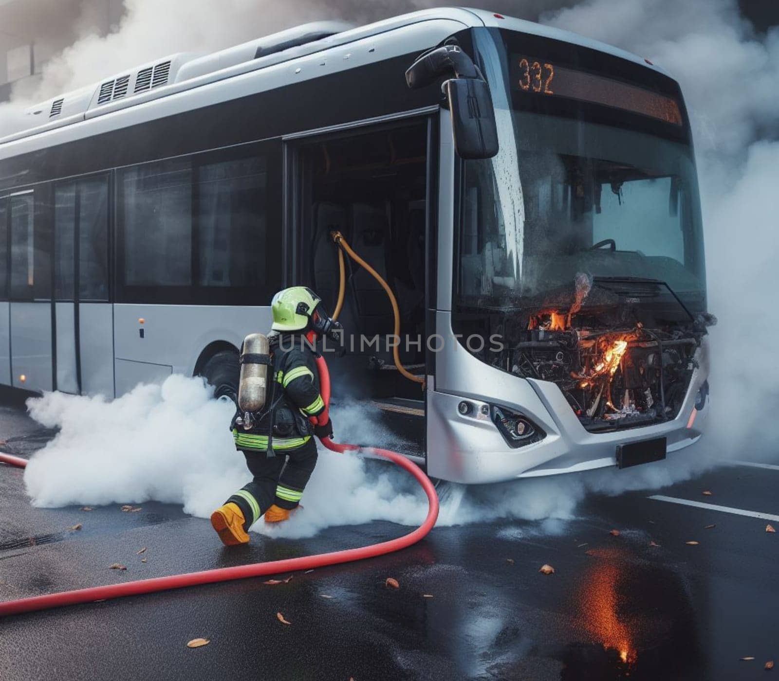 electric hybrid city bus burn bottom chasis, firefighter apply foam to extinguish flames big smoke ai generated