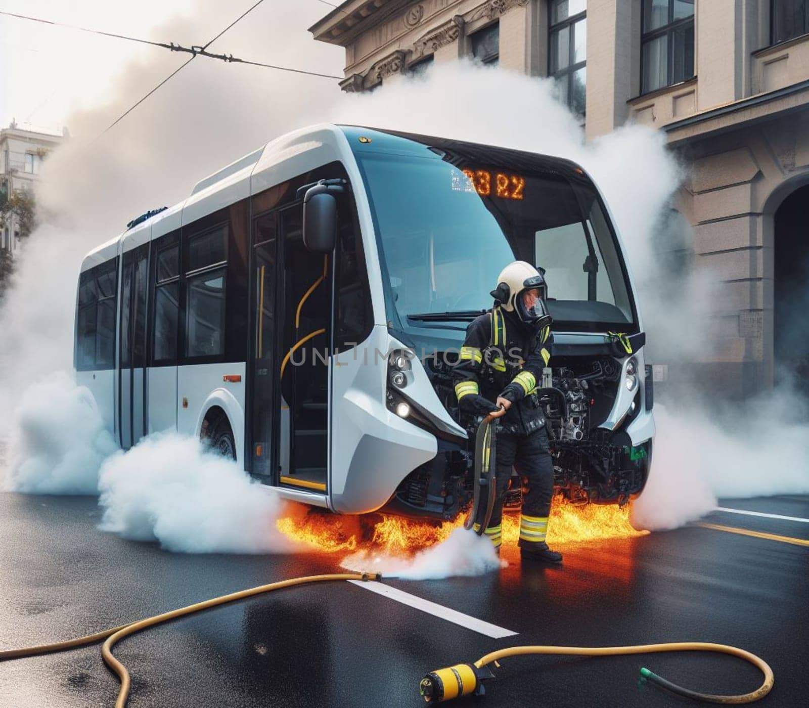 electric hybrid city bus burn bottom chasis, firefighter apply foam to extinguish flames big smoke ai generated