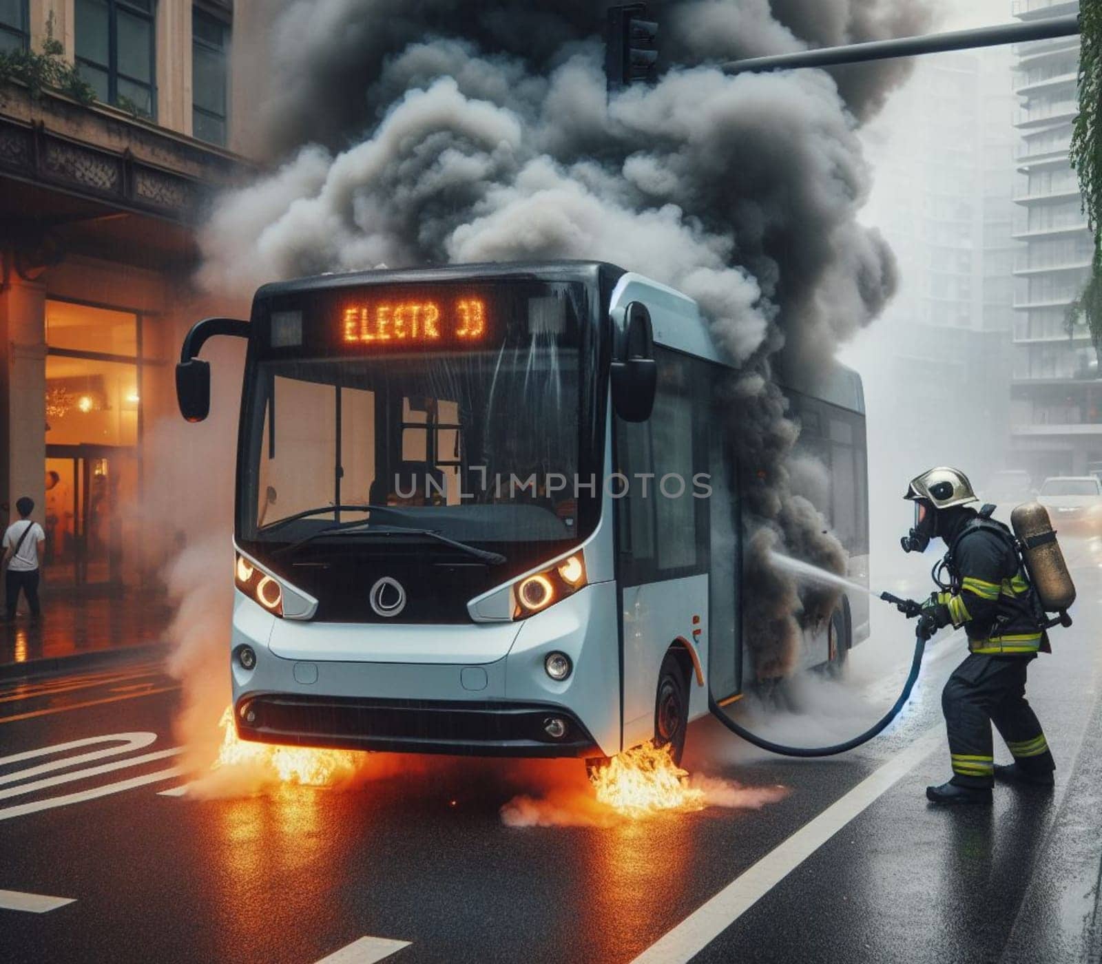 electric hybrid city bus burn bottom chasis, firefighter apply foam to extinguish flames big smoke ai generated