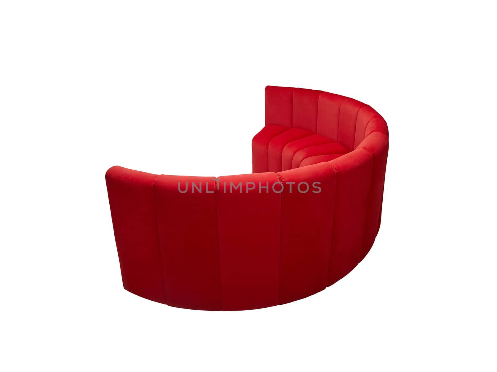 modern crimson fabric sofa isolated on white background, back view. couch, furniture in minimal style, interior, home design