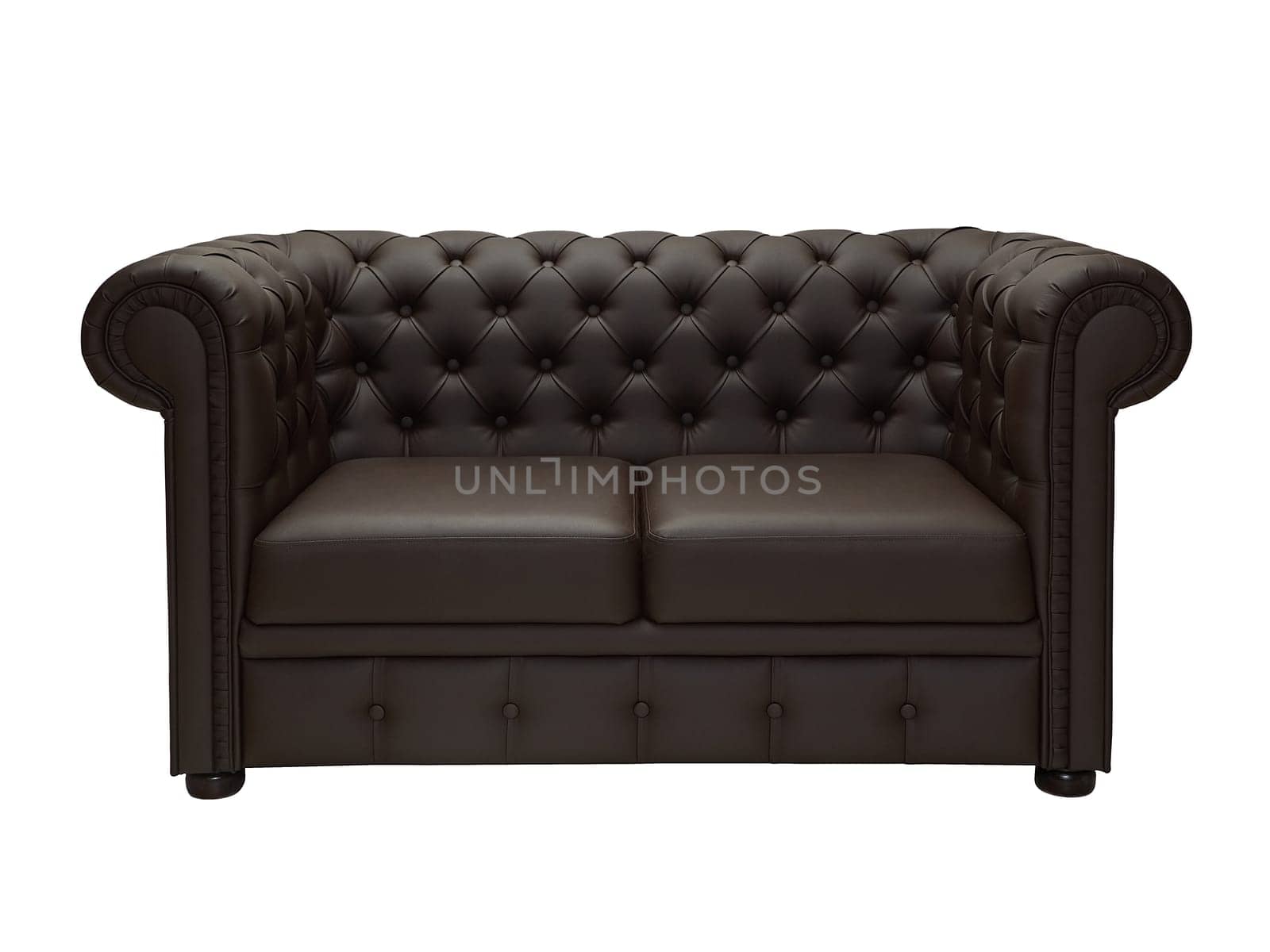 brown leather office sofa in retro style on white background, front view. modern couch, furniture