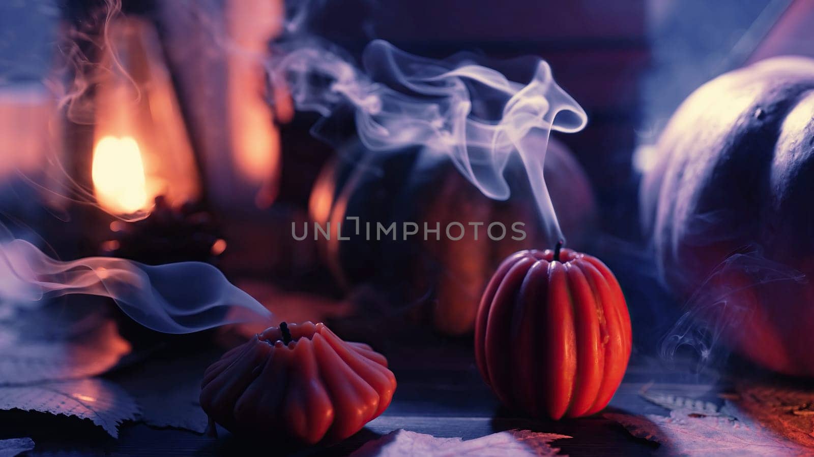 Melancholic beauty of autumn, extinguished pumpkins, cone candles on windowsill, wistful charm of fall season, touch of poetic ambience, autumnal nostalgia and reflection.