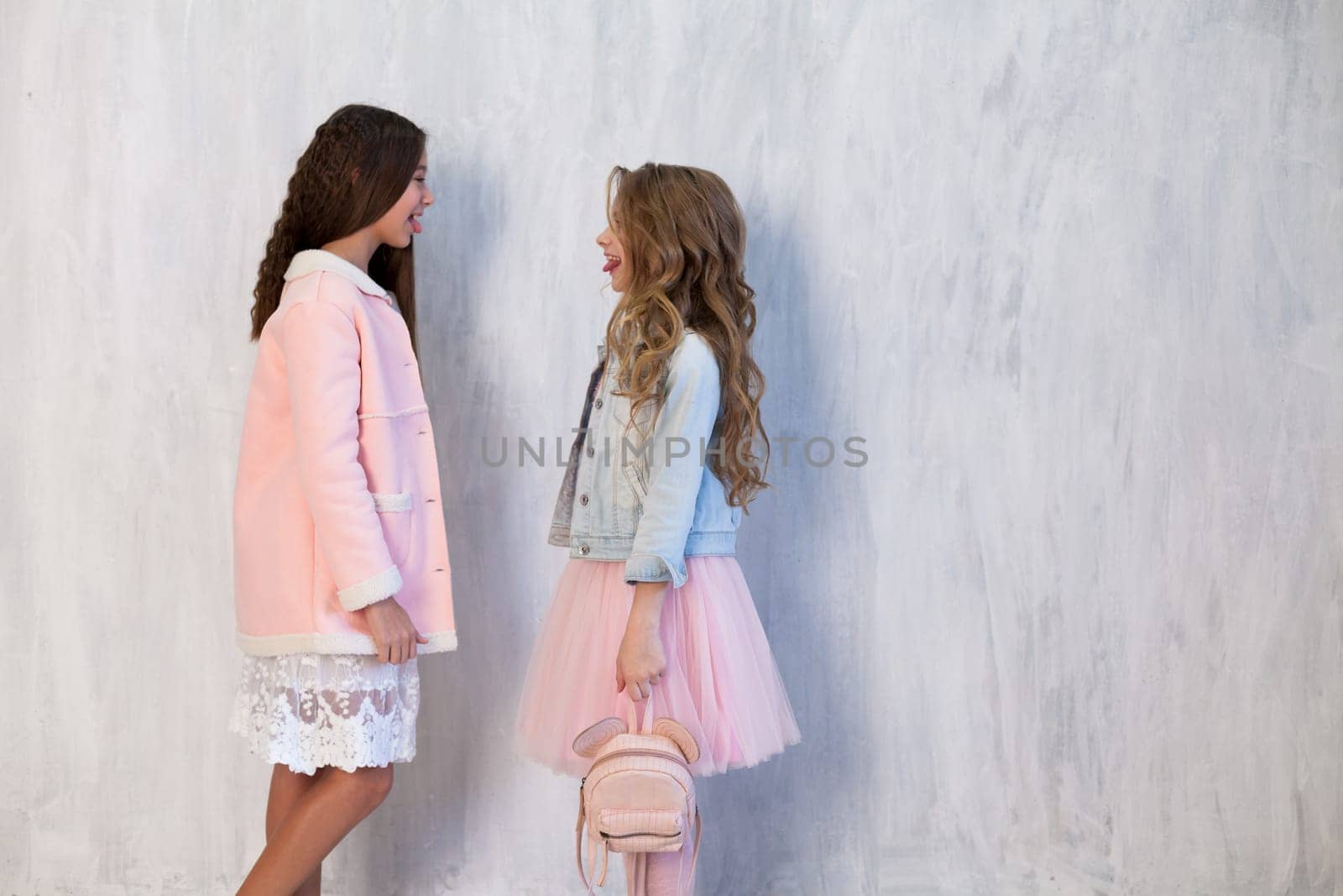 fashionable girls school girlfriends in white pink dresses by Simakov