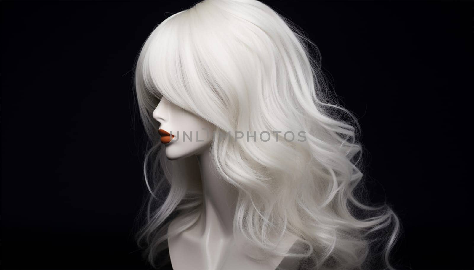Natural looking blonde wig on white mannequin head. Long hair on the plastic wig holder isolated on black background, front view woman design beauty product