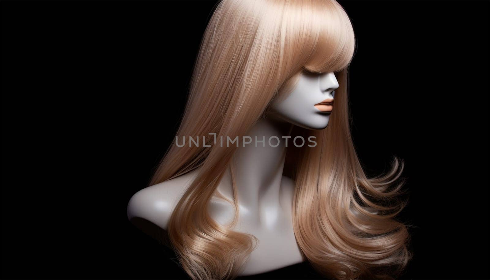 Natural looking blonde wig on white mannequin head. Long hair on the plastic wig holder isolated on black background, front view woman design by Annebel146