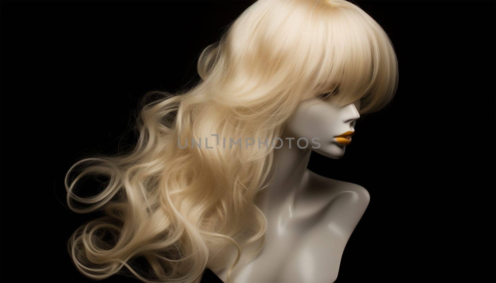 Natural looking blonde wig on white mannequin head. Long hair on the plastic wig holder isolated on black background, front view woman design by Annebel146
