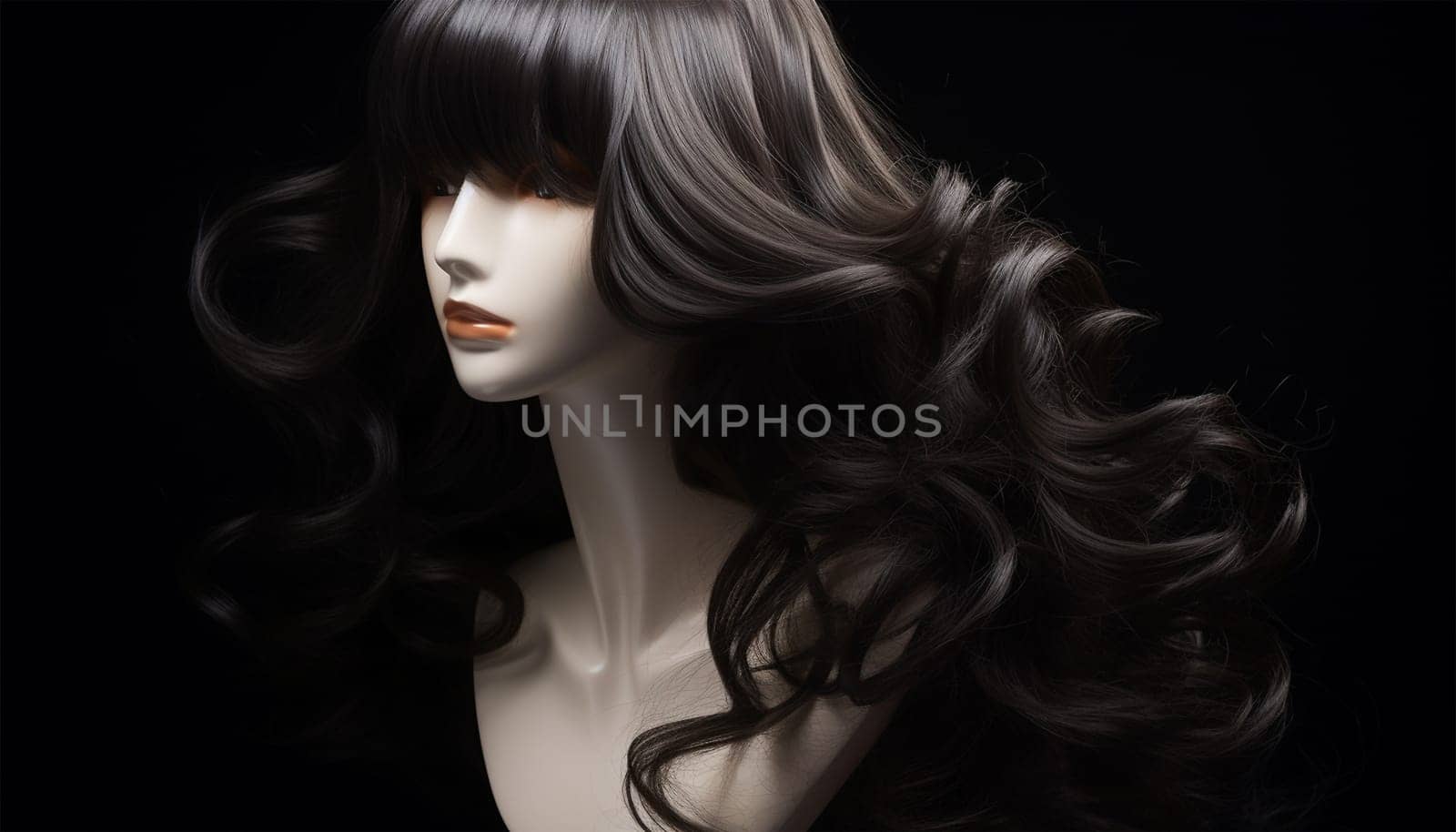 Natural looking black wig on white mannequin head isolated on black background. Long wavy hair, length straight hair with bangs on the metal wig holder front view beauty product stylish