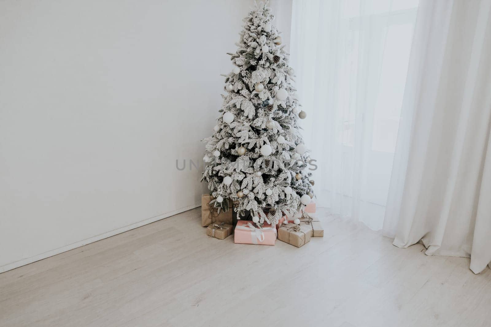 Christmas tree with presents, Garland lights Interior new year winter holiday