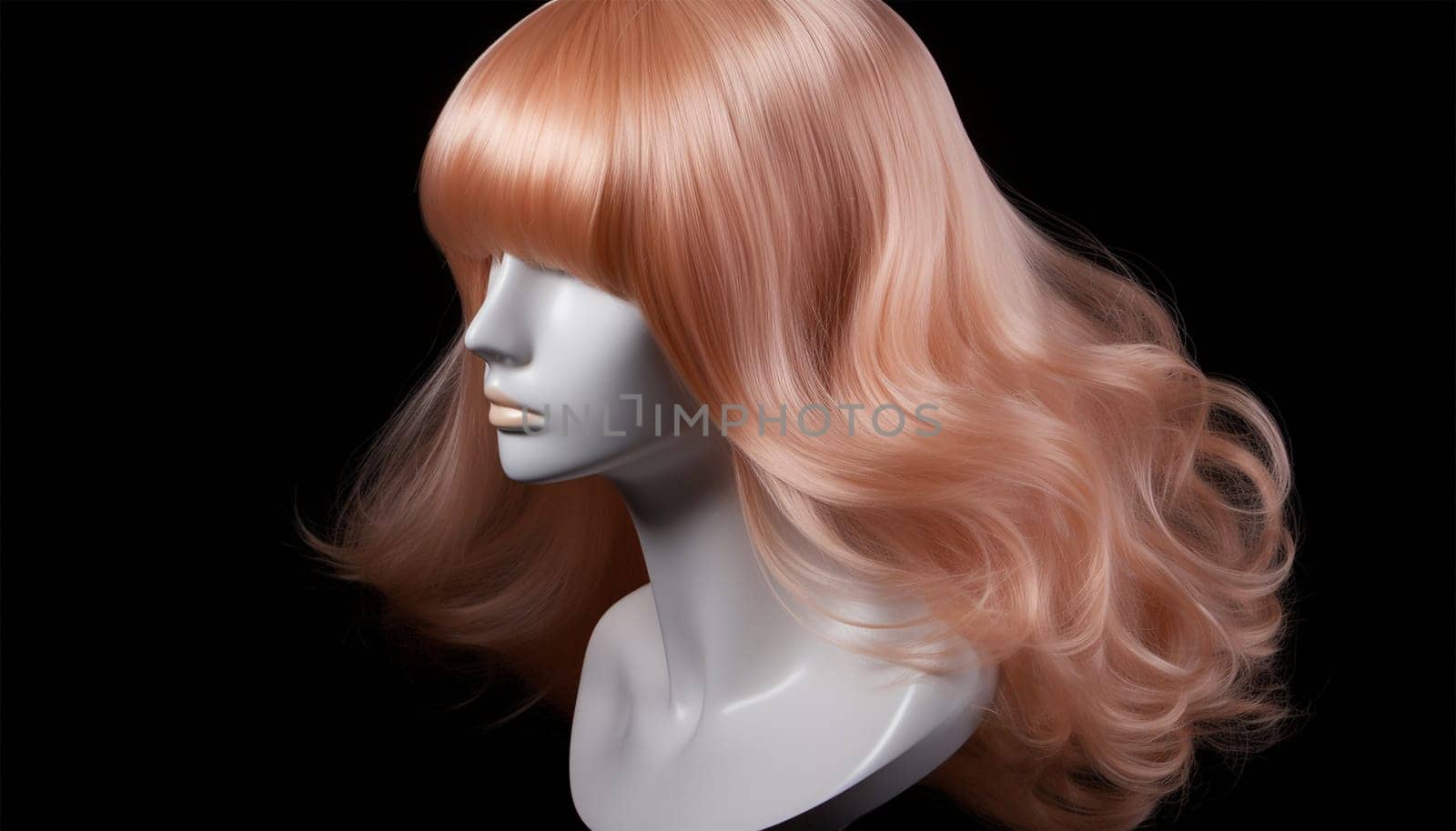 Red hair on mannequin. Females hair. a red wig, looks like a woman's head with a hairstyle. Black background. Copy space. Concept of beauty salon, hair care and hair transplant by Annebel146