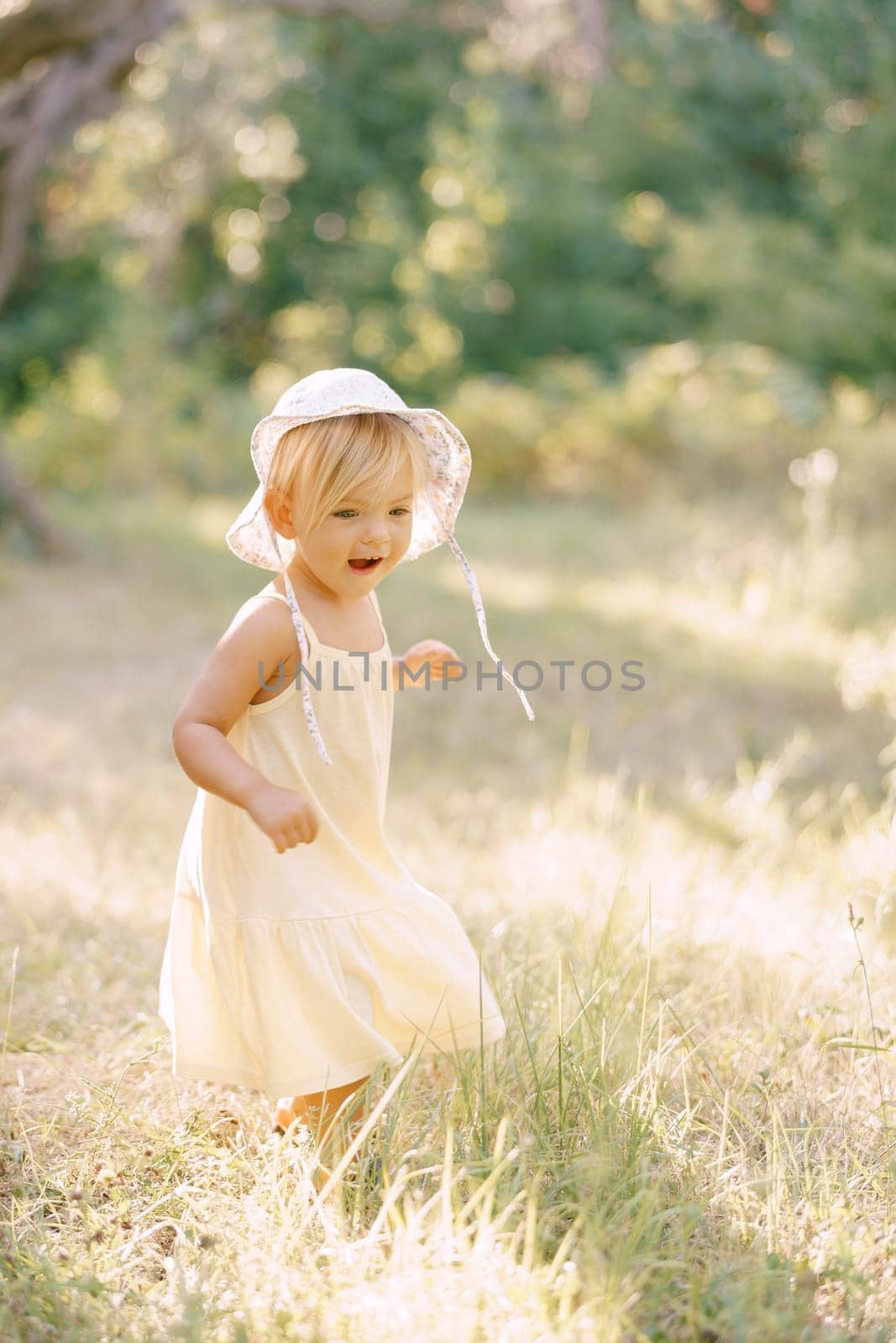 Little smiling girl in a panama hat walks through a sunny meadow by Nadtochiy