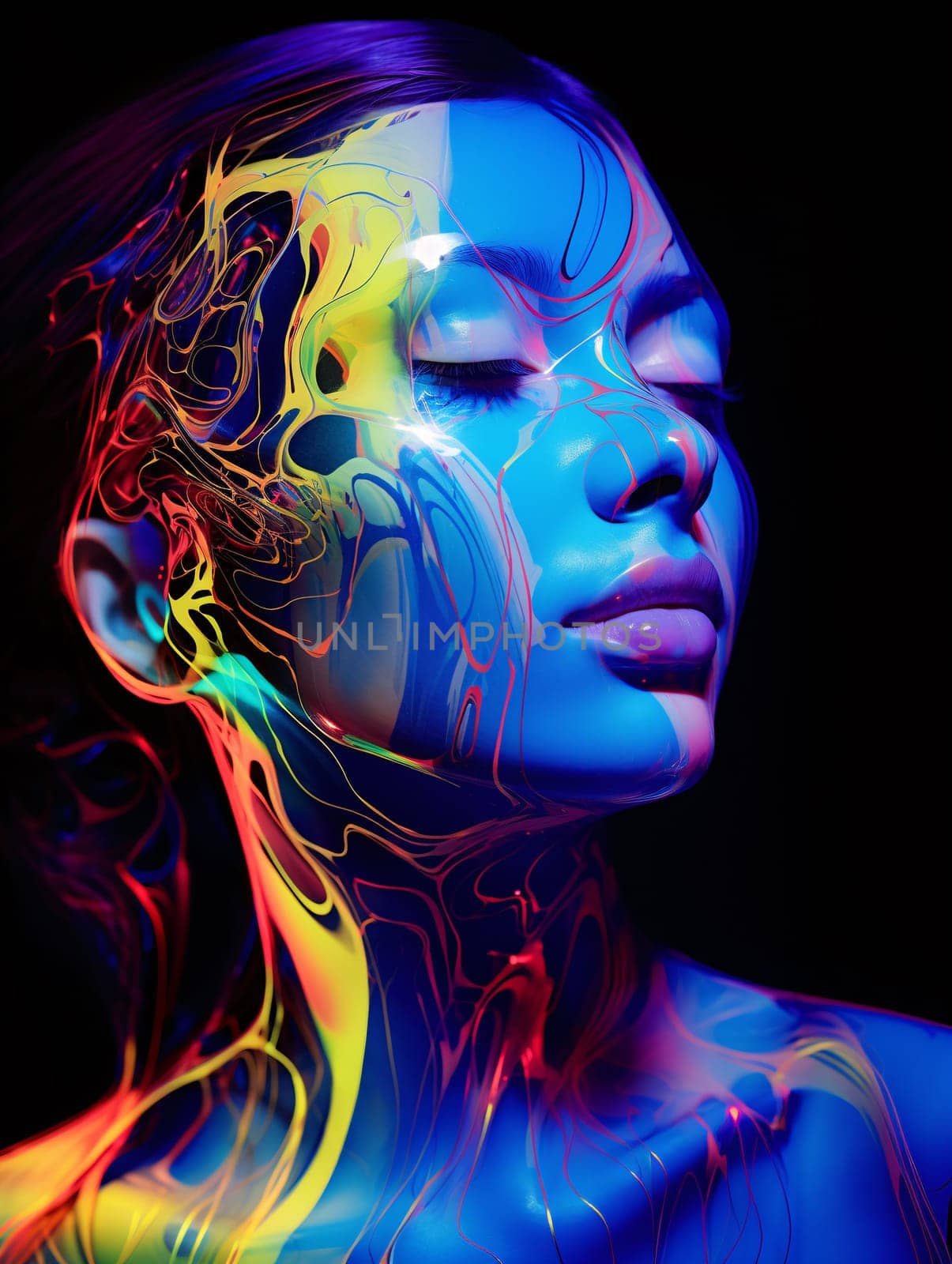 A young attractive woman with colorful glowing energy lines on her face symbolizing human brain activity and creativity - generative AI