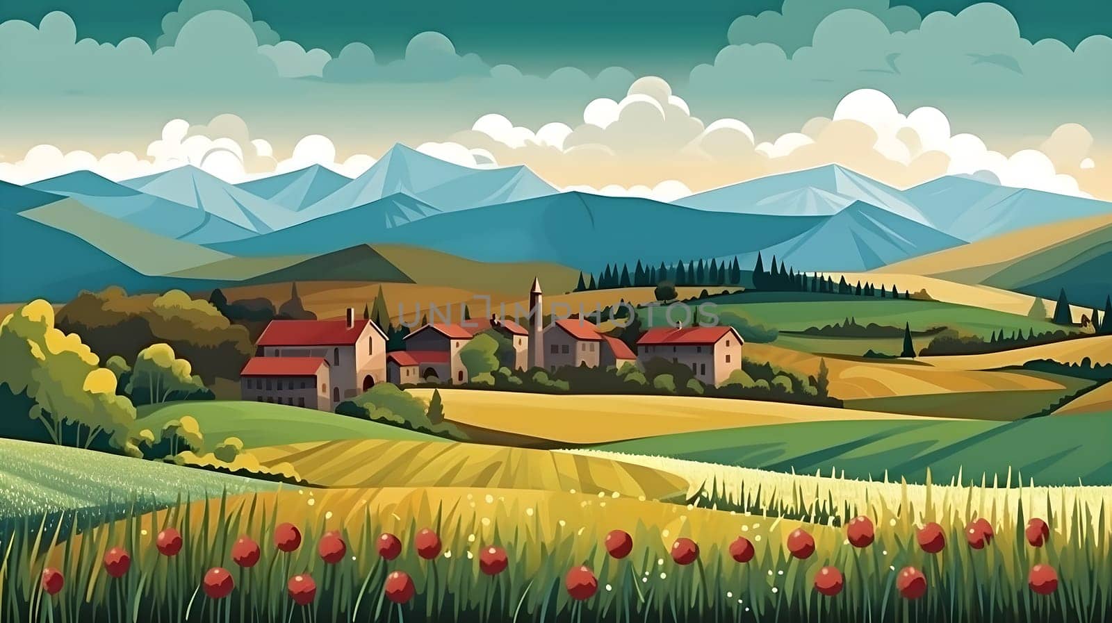vivid painting of landscapes depicting the pastoral beauty of the countryside, with harmonious color palettes - AI generative