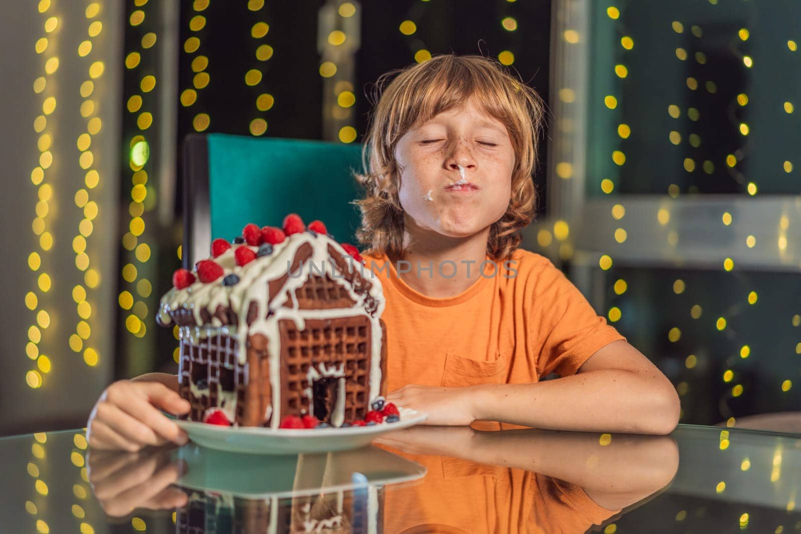 Immerse in festive delight as a boy crafts boy crafting an unconventional gingerbread house, infusing Christmas with unique creativity and festive cheer. A sweet scene of seasonal bonding and culinary fun by galitskaya