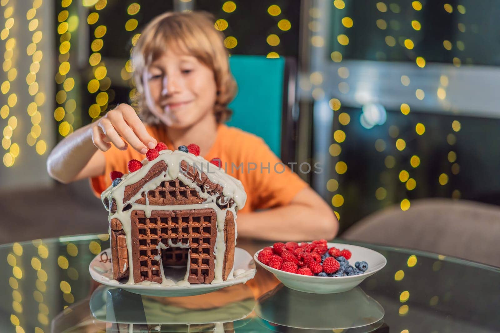 Immerse in festive delight as a boy crafts boy crafting an unconventional gingerbread house, infusing Christmas with unique creativity and festive cheer. A sweet scene of seasonal bonding and culinary fun by galitskaya