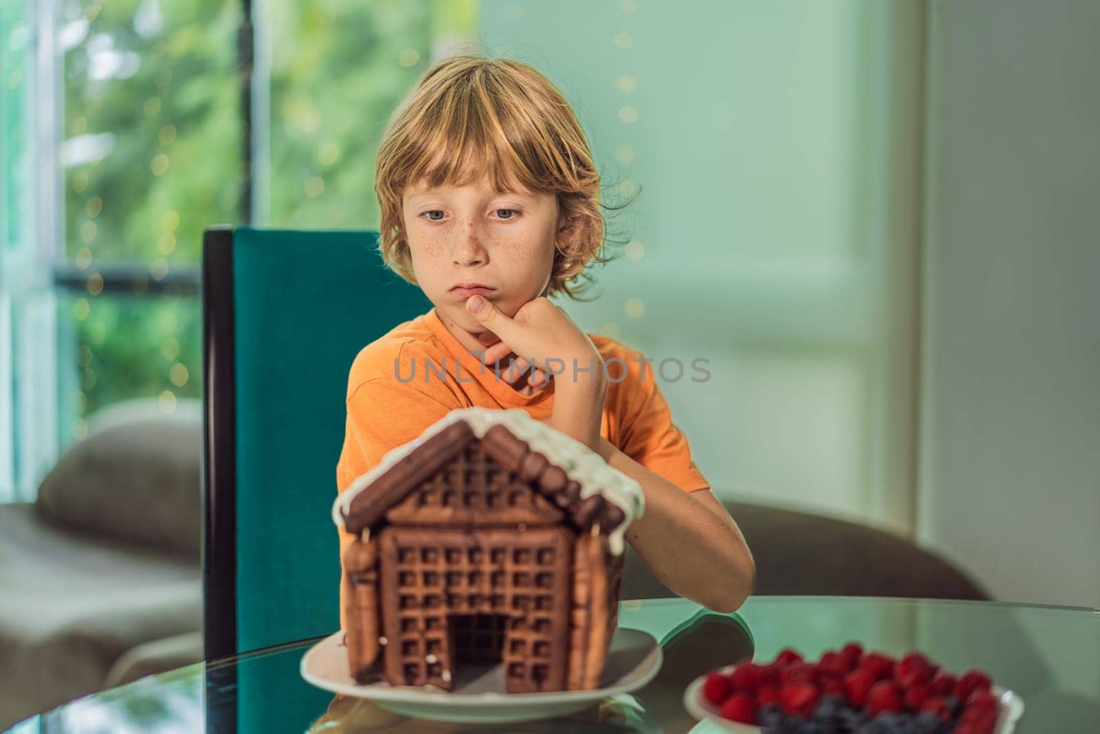 Immerse in festive delight as a boy crafts boy crafting an unconventional gingerbread house, infusing Christmas with unique creativity and festive cheer. A sweet scene of seasonal bonding and culinary fun.