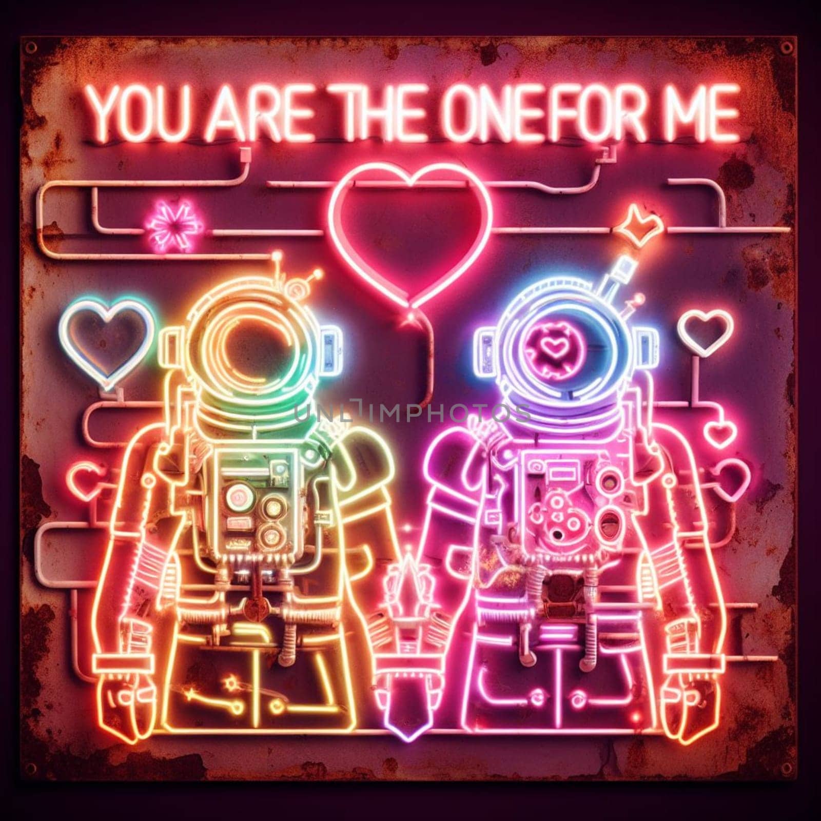 steampunk astronaut king and queen in love neon sign valentine illustration concept rusty background by verbano