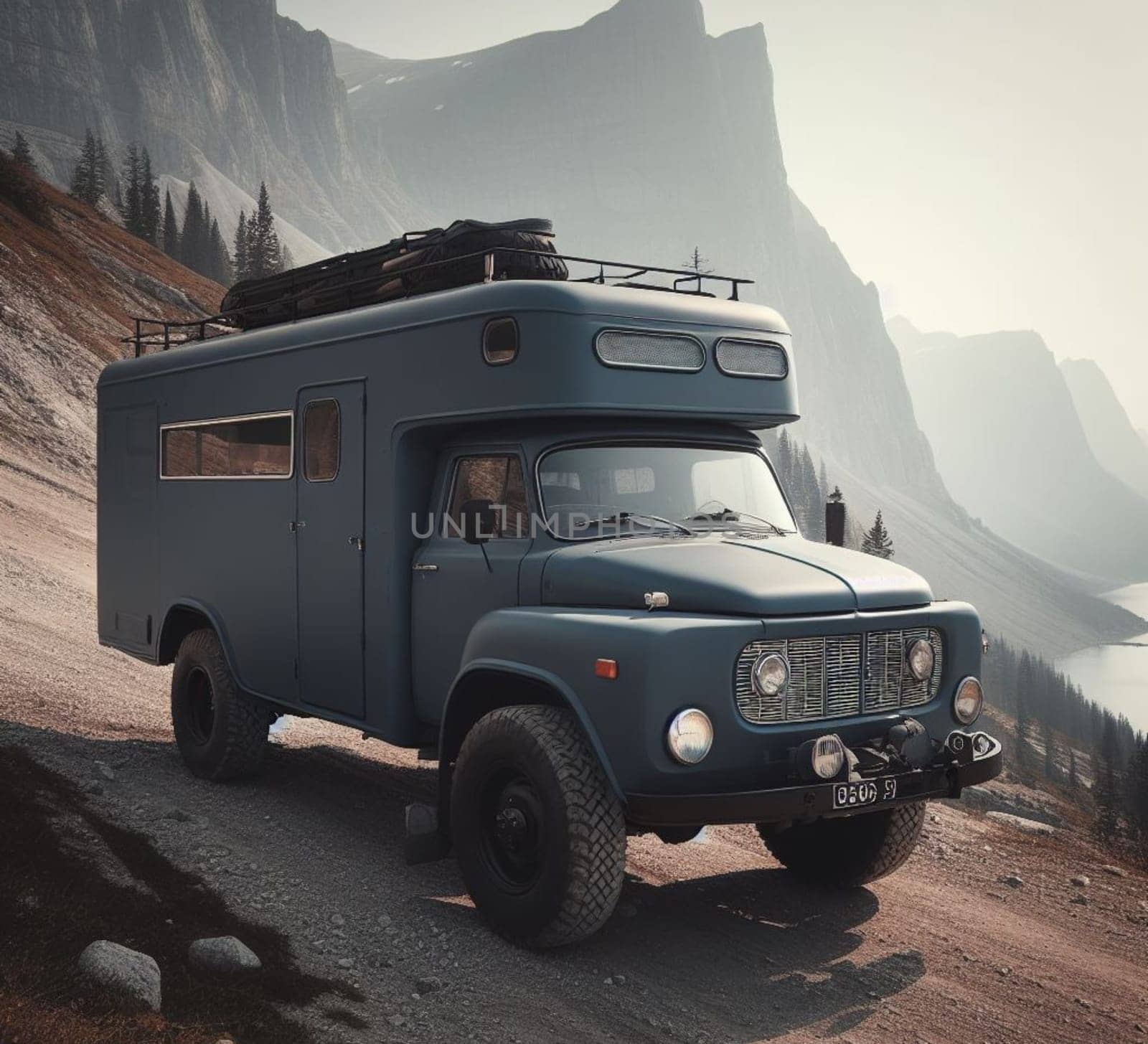 rusty dirt offroad 4x4 lifted vintage custom camper conversion jeep overlanding in mountain roads, nomadic lifestyle, adventure living, ai generated