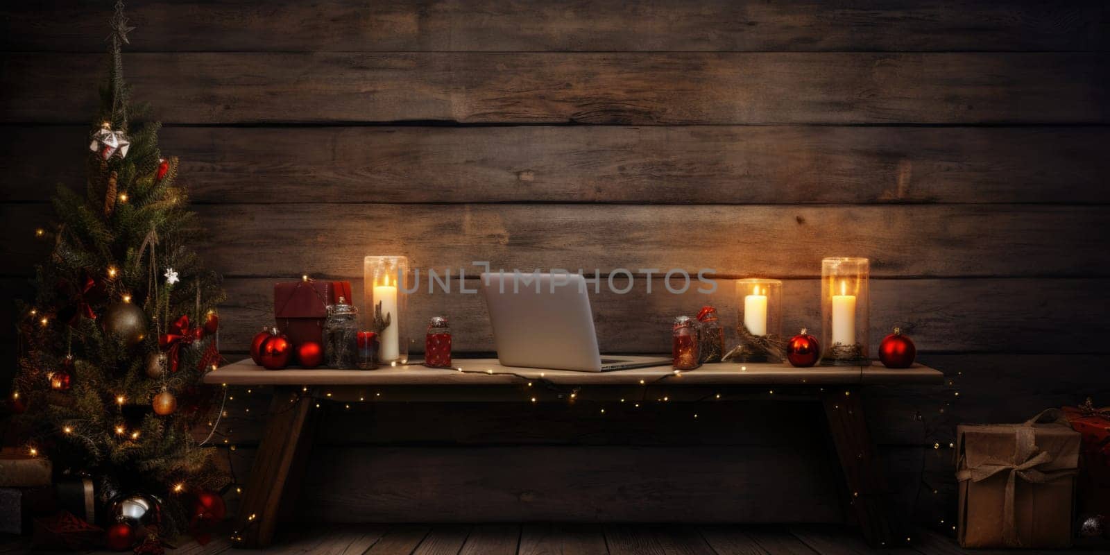 wider view of wooden desk with christmas decor at home in winter comeliness