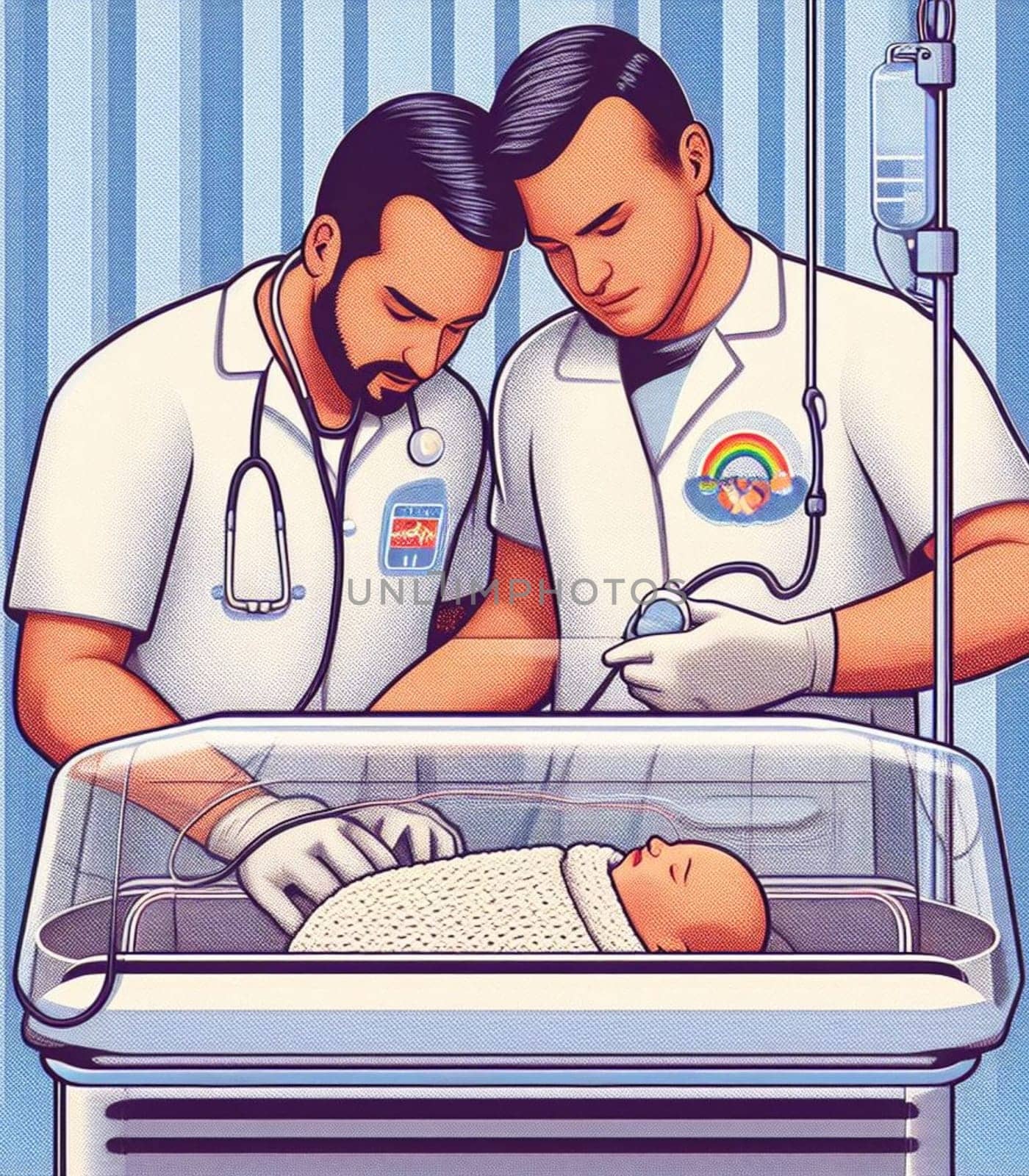 illustration depicting medical staff people at the hospital take care of newborn baby by verbano