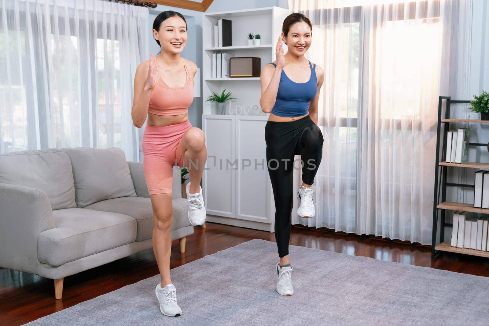 Energetic and strong athletic asian woman with workout buddy running in place at her home. Pursuit of fit physique and commitment to healthy lifestyle with home workout and training. Vigorous