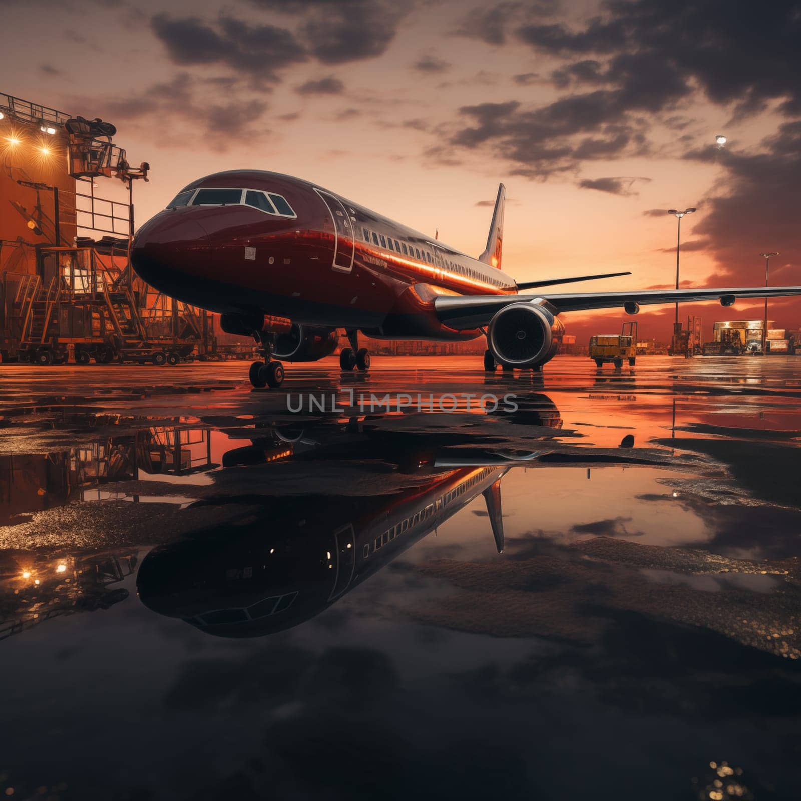 Commercial airplane at the airport at sunset. Generative AI by AnatoliiFoto