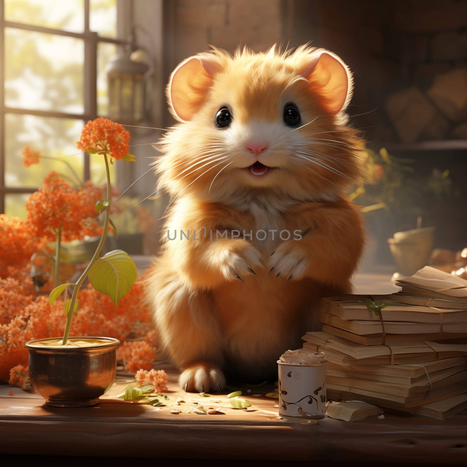 Funny kind hamster in clothes smiles. llustration for cover by AnatoliiFoto