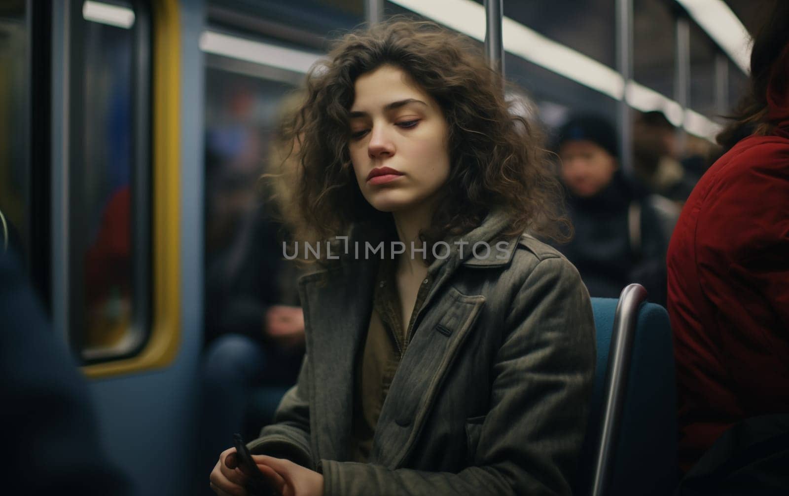 A tired woman rides public transportation and sleeps. Generation Ai