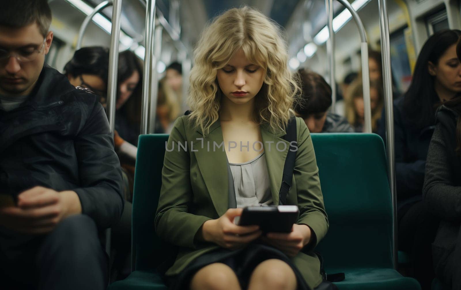 A tired woman rides public transportation and sleeps. Generation Ai