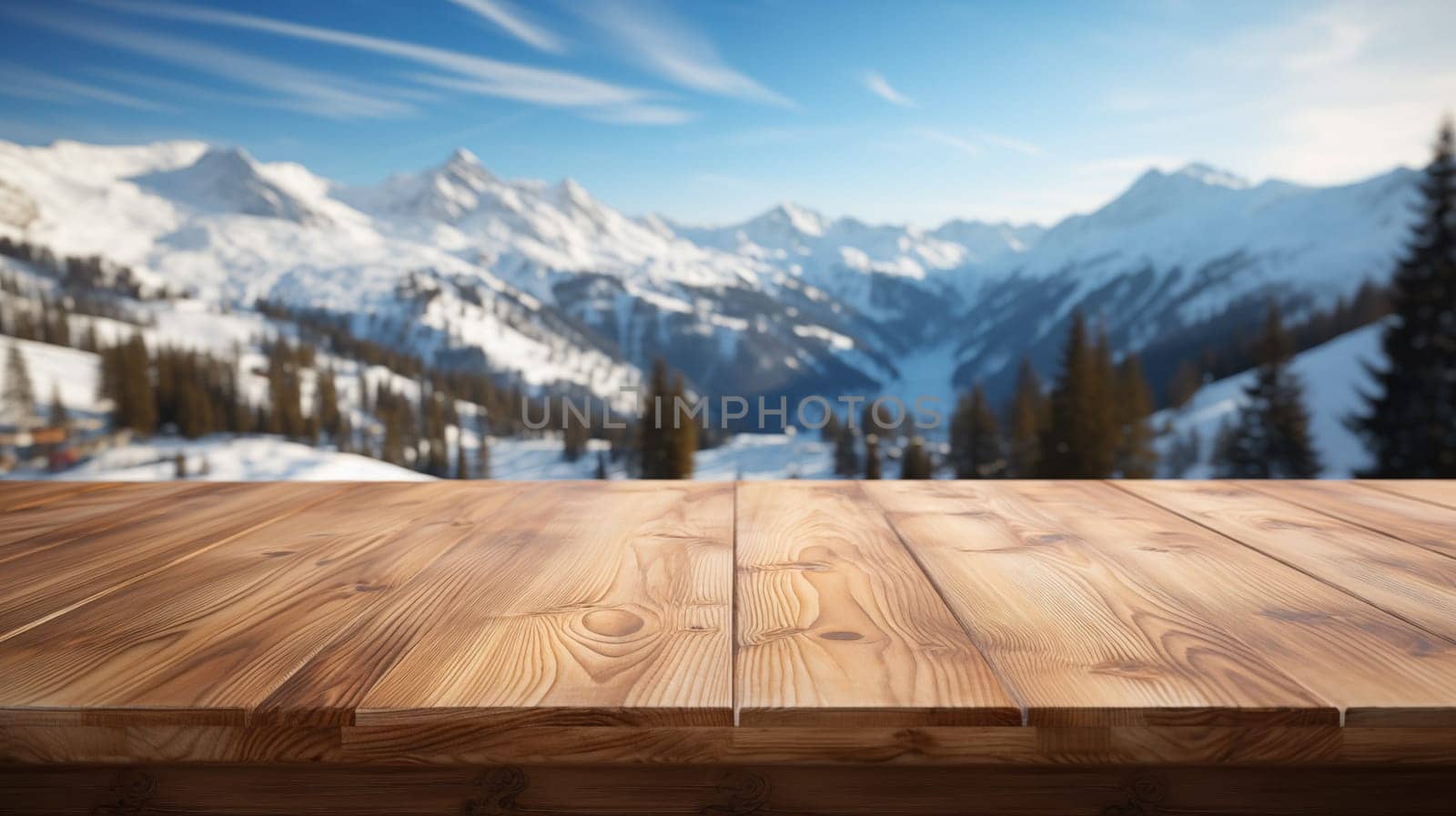 wooden table top, with a wonderful view of the snow-capped mountains and the blue sky.