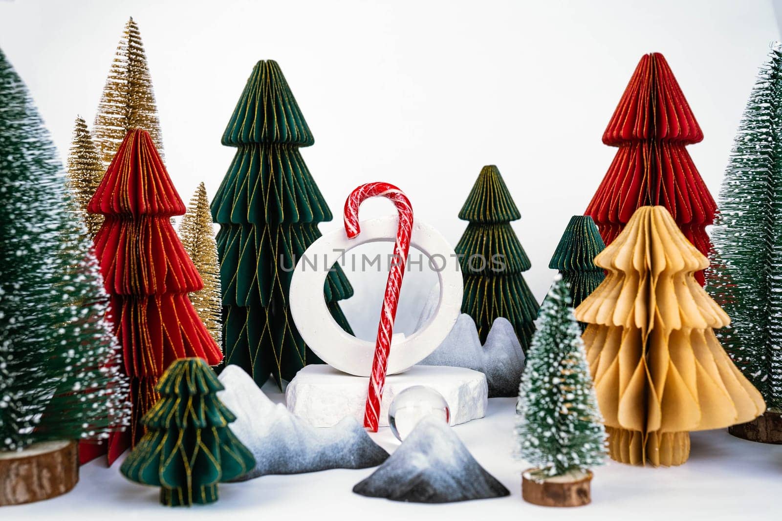 Christmas background with decorative Christmas trees. Candy stick. Advertising concept by tewolf