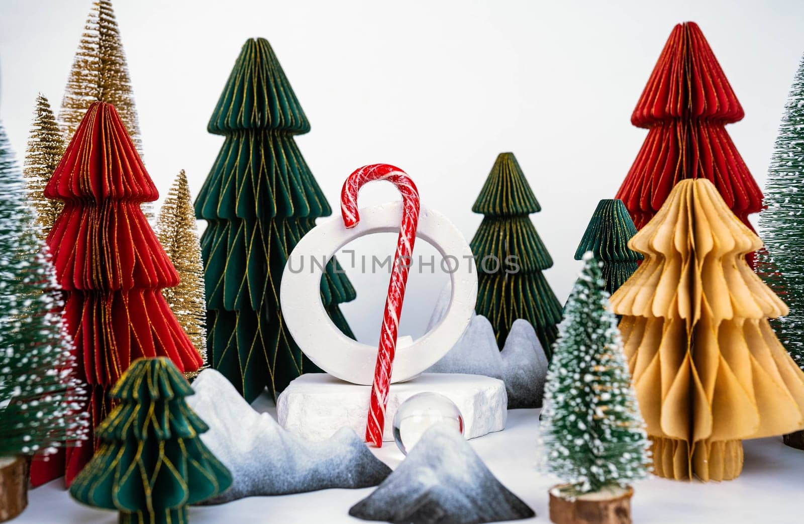 Christmas background with decorative Christmas trees. Candy stick. Advertising concept by tewolf