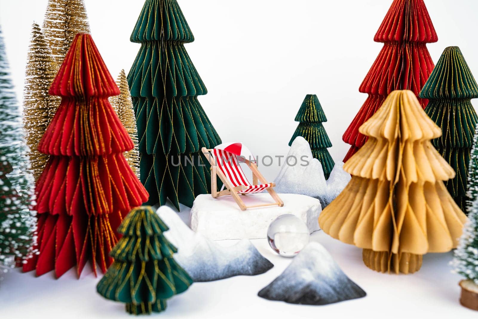 Christmas background with colorful Christmas trees. New Year's Greeting Card. High quality photo
