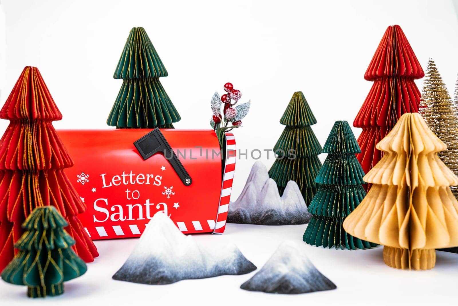 New Year's background for a product or card. Colored Christmas trees, Santa Claus mailbox. by tewolf