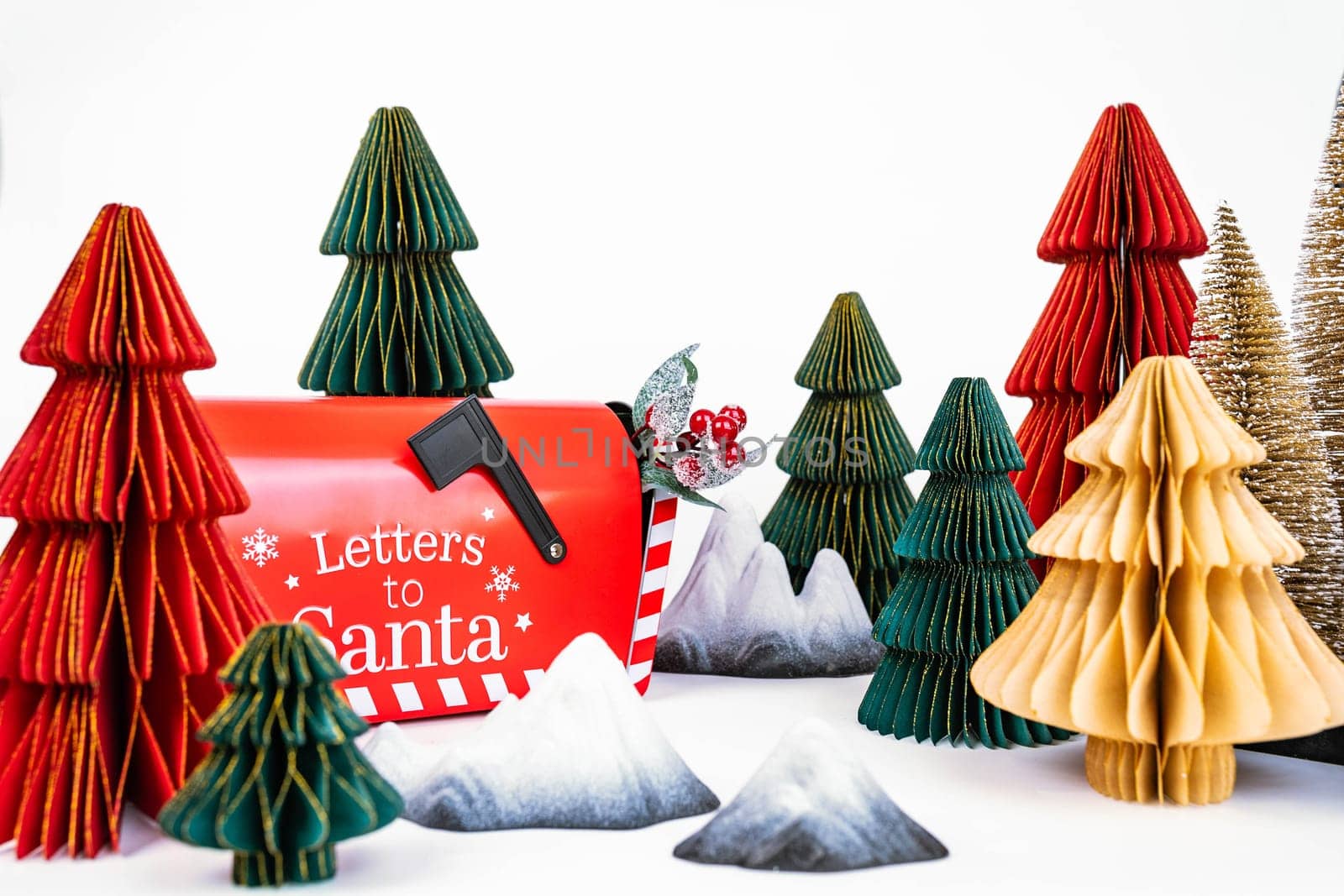 New Year's background for a product or card. Colored Christmas trees, Santa Claus mailbox. by tewolf