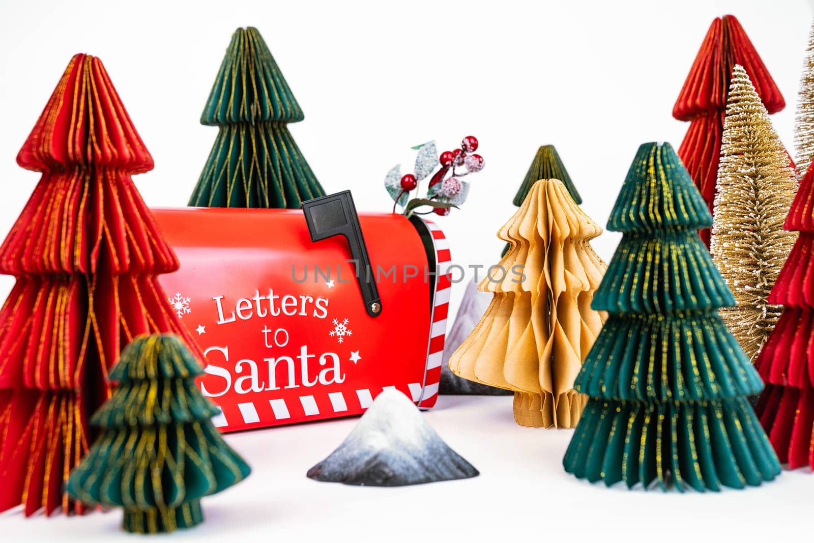 New Year's background for a product or card. Colored Christmas trees, Santa Claus mailbox. by tewolf