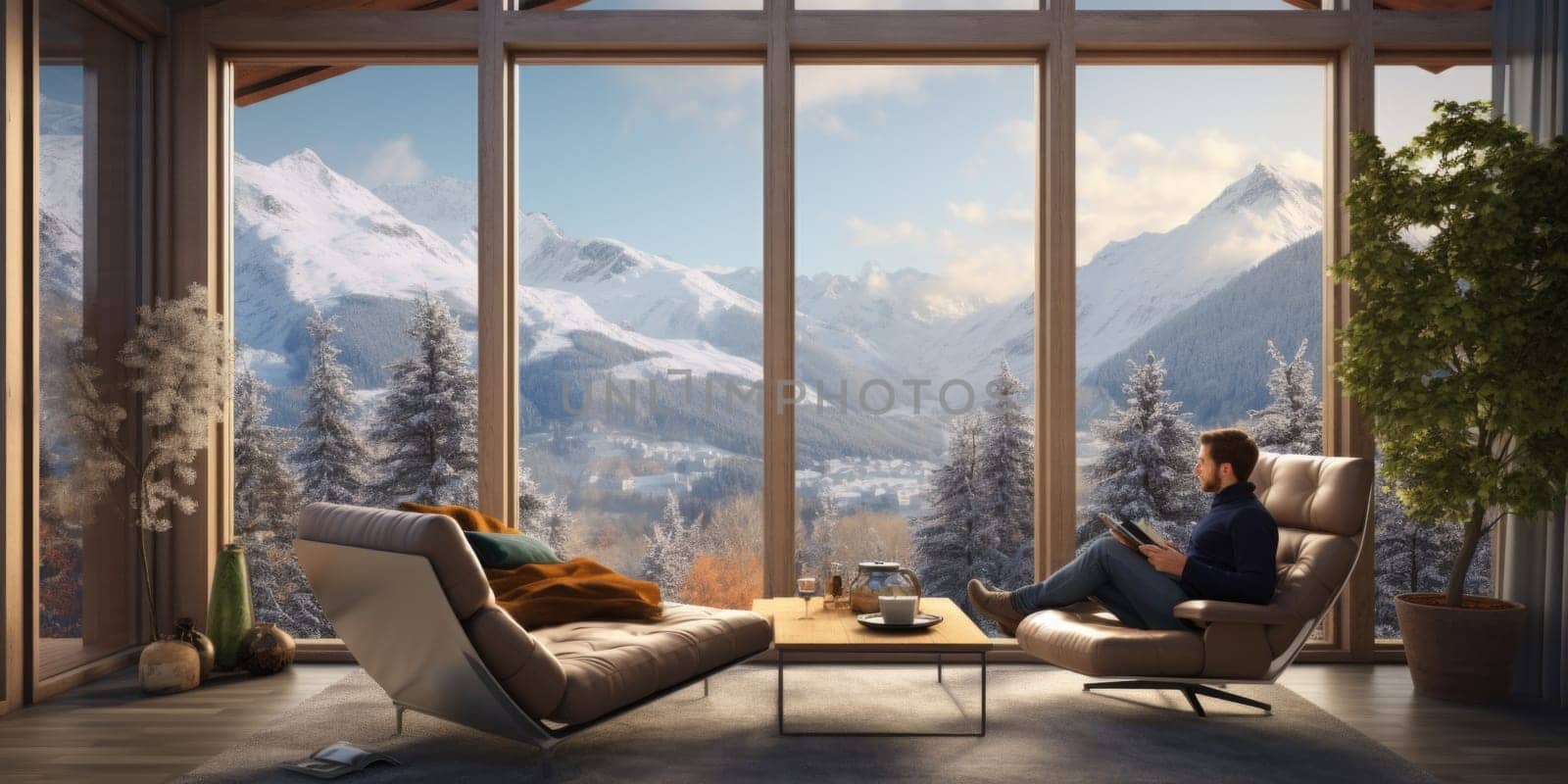 Traveler enjoying weekends inside contemporary house in mountains. comeliness by biancoblue