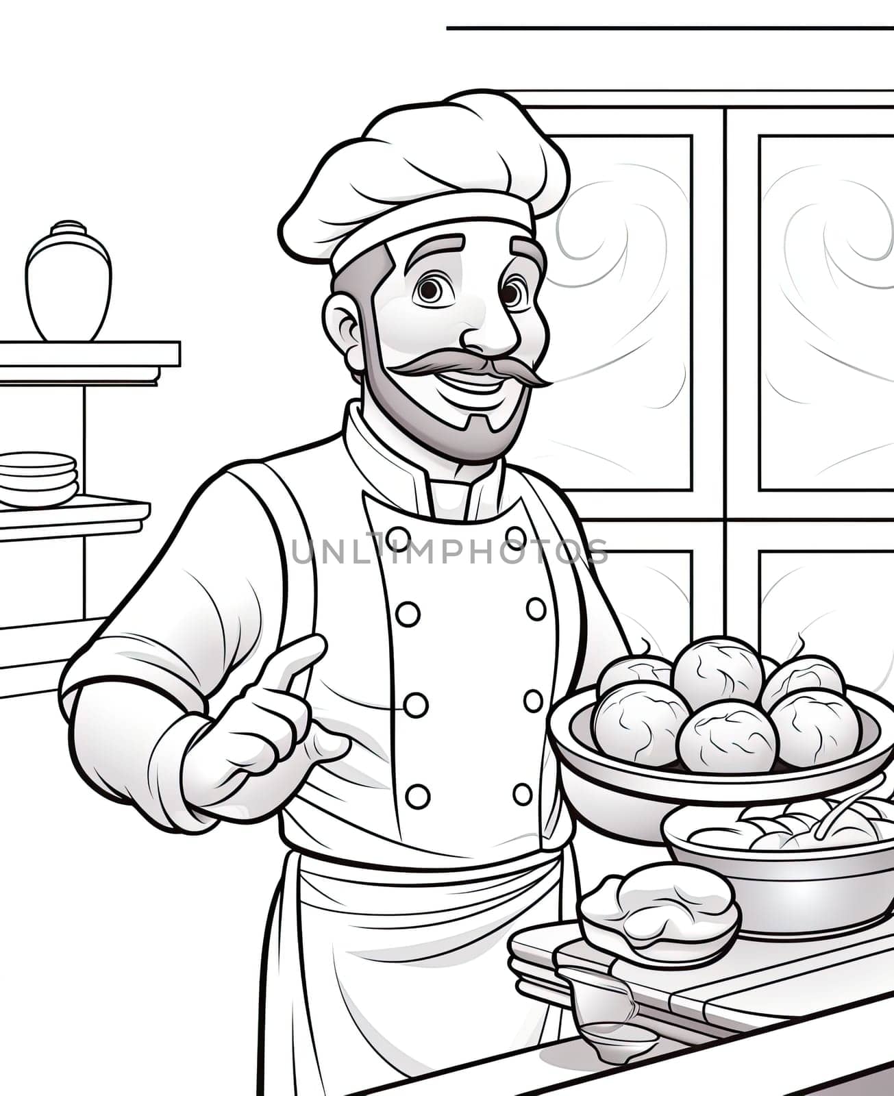 Coloring page for kids. An illustration of a chef preparing some tasty food.