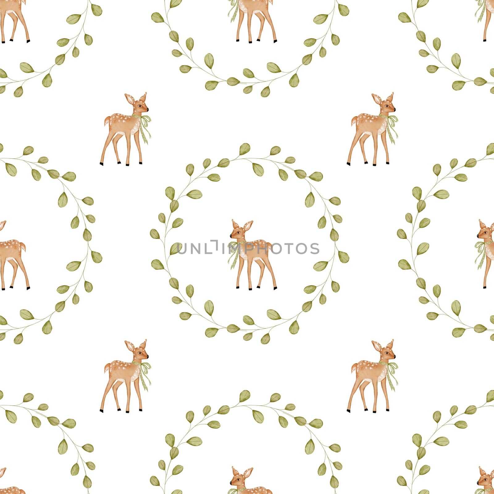 Watercolor seamless baby pattern fawn and branch wreath. Elegant cute animal pattern with bow in round frame. For printing on children's textiles and bedding
