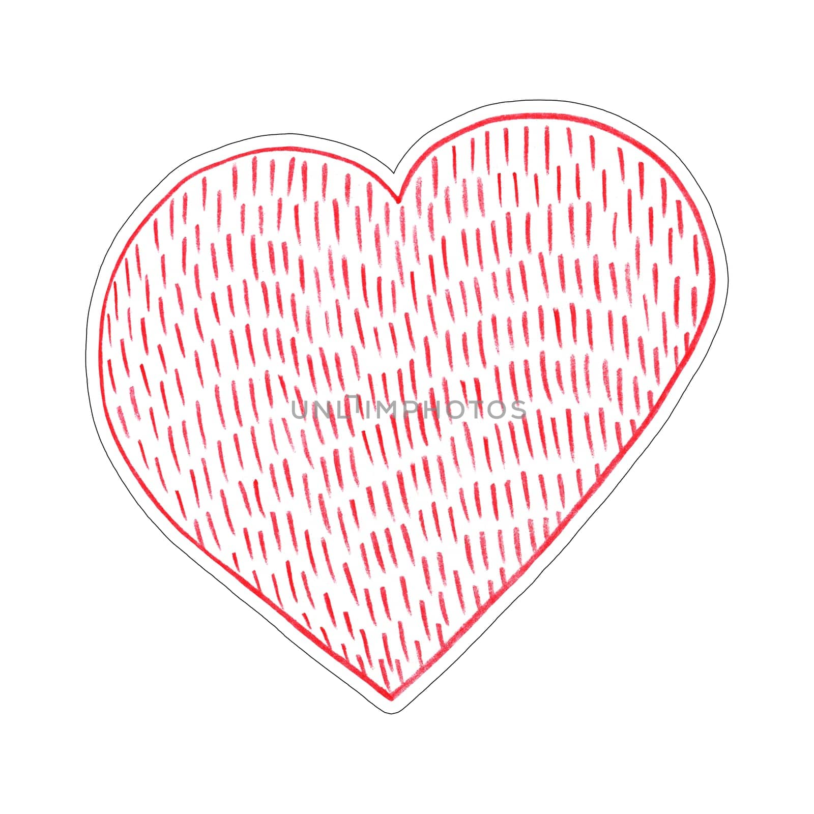 Red Heart Sticker Drawn by Colored Pencil. The Sign of World Heart Day. Symbol of Valentines Day. Heart Shape Isolated on White Background.