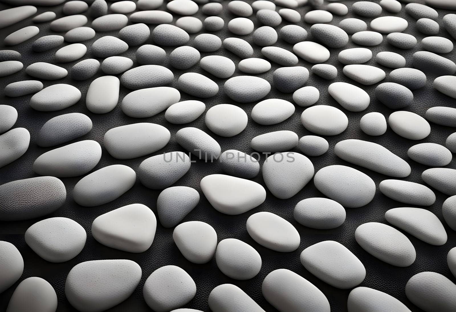 The painting shows many white stones on a black surface. Rocks come in a variety of sizes and shapes, from small pebbles to large boulders. by rostik924