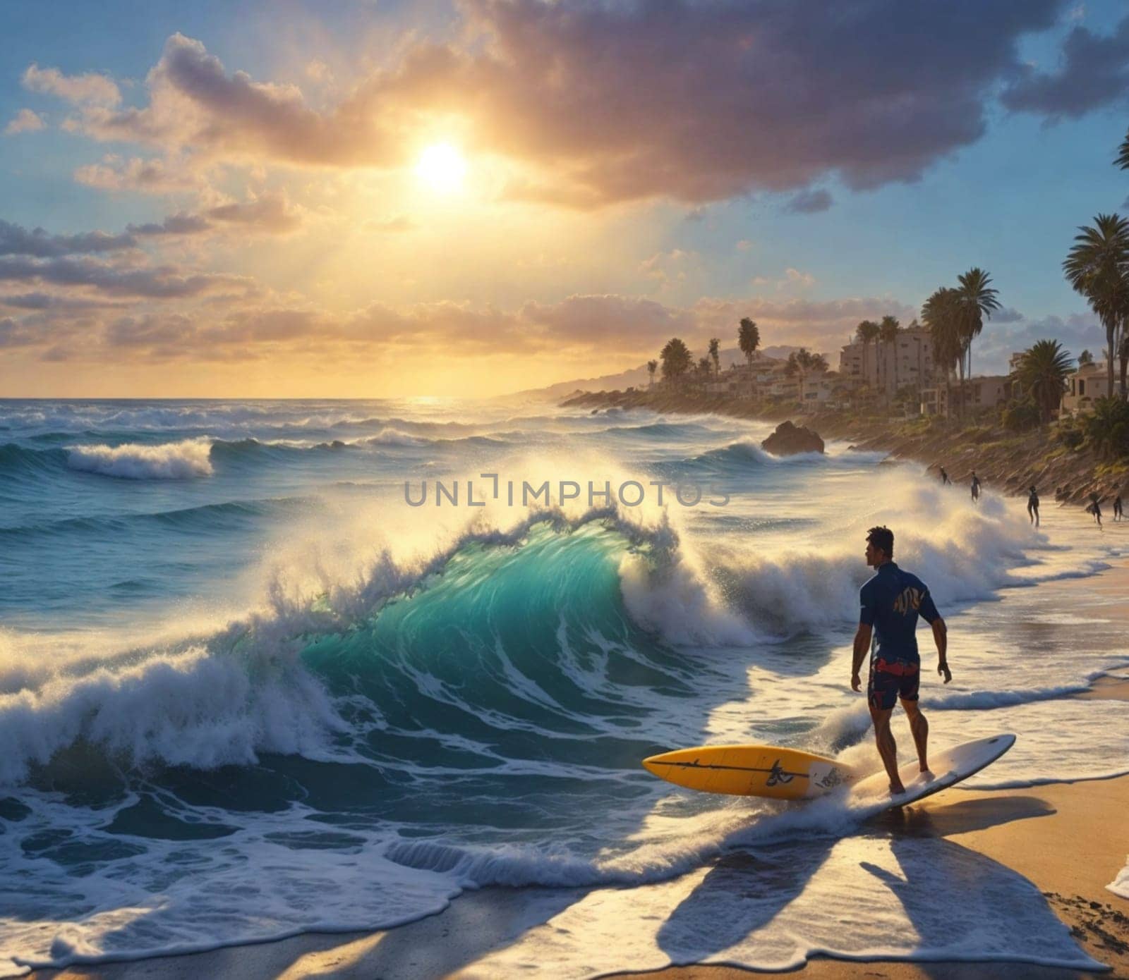 one male surfer catch waves in the sea at sunset in idyllic place beach ai generated