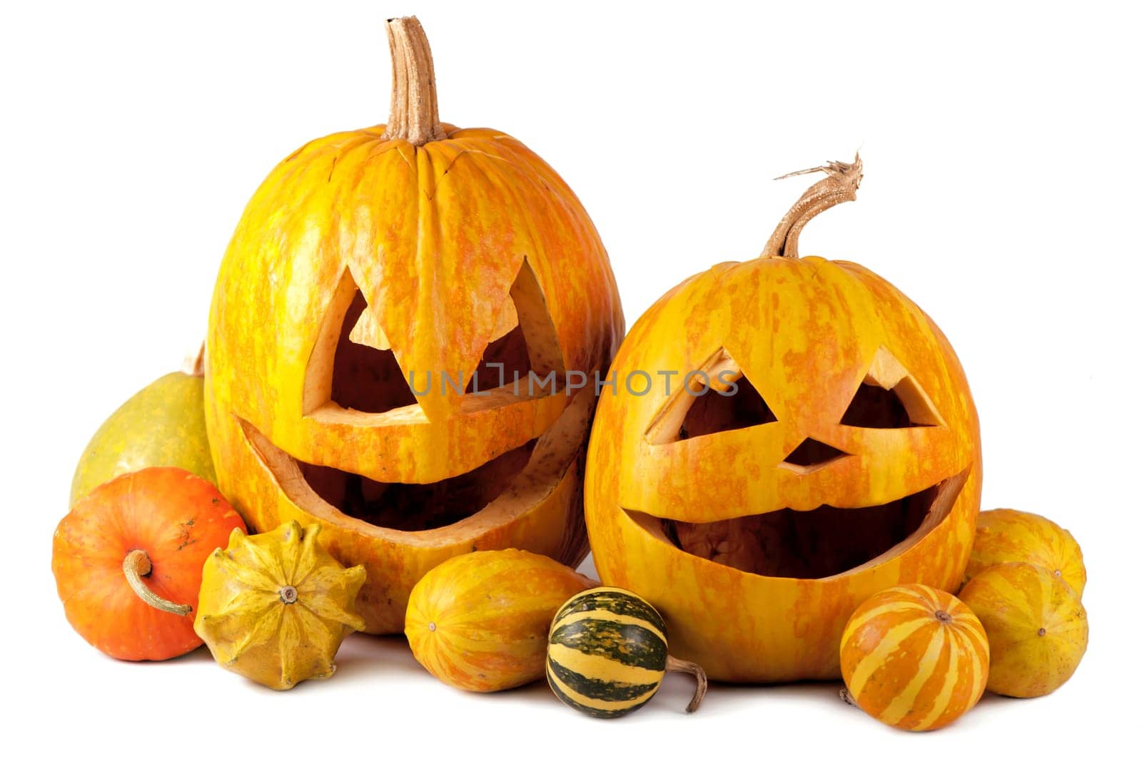 Scary Halloween pumpkins isolated on a white background. Scary glowing faces trick or treat by aprilphoto